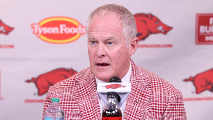Dec 4, 2025; Fayetteville, AR, USA; Arkansas Razorbacks vice chancellor and director of athletics Hunter Yurachek speaks during the introductory press conference for head coach Ryan Silverfield (not pictured) at Frank Broyles Center. Mandatory  Credit: Nelson Chenault-Imagn Images