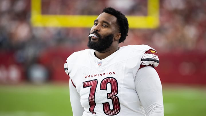 Sep 29, 2024; Glendale, Arizona, USA; Washington Commanders offensive tackle Trent Scott (73) against the Arizona Cardinals at State Farm Stadium. Mandatory Credit: Mark J. Rebilas-Imagn Images