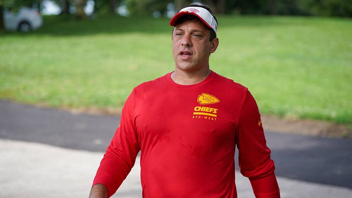 Jul 22, 2025; St. Joseph, MO, USA; Kansas City Chiefs general manager Brett Veach walks down the hill to the fields during training camp at Missouri Western State University. Mandatory Credit: Denny Medley-Imagn Images