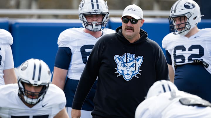 BYU offensive line coach TJ Woods at BYU Spring camp