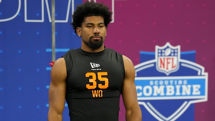 Feb 28, 2026; Indianapolis, IN, USA; Mississippi wideout De'Zhaun Stribling (WO35) during the NFL Scouting Combine at Lucas Oil Stadium. Mandatory Credit: Kirby Lee-Imagn Images