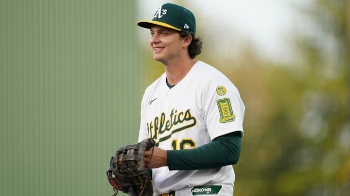 Apr 23, 2025; West Sacramento, California, USA; Athletics first baseman Nick Kurtz (16) stands on the field before the start of the game against the Texas Rangers at Sutter Health Park. Mandatory Credit: Cary Edmondson-Imagn Images
