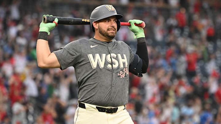 Sep 29, 2024; Washington, District of Columbia, USA; Washington Nationals first baseman Juan Yepez (18) reacts after the ball was caught on the warning track to end a game against the Philadelphia Phillies during the ninth inning at Nationals Park. 