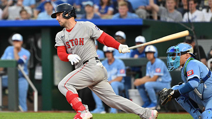 May 10, 2025; Kansas City, Missouri, USA; Boston Red Sox third baseman Alex Bregman (2) singles in the seventh inning against the Kansas City Royals at Kauffman Stadium. Mandatory Credit: Peter Aiken-Imagn Images May 10, 2025; Kansas City, Missouri, USA; Boston Red Sox third baseman Alex Bregman (2) singles in the seventh inning against the Kansas City Royals at Kauffman Stadium. Mandatory Credit: Peter Aiken-Imagn Images