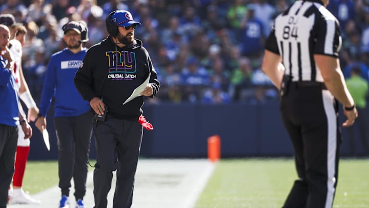 Oct 6, 2024; Seattle, Washington, USA; New York Giants head coach Brian Daboll stands on the sidelines during the second quarter against the Seattle Seahawks at Lumen Field. Mandatory Credit: Joe Nicholson-Imagn Images