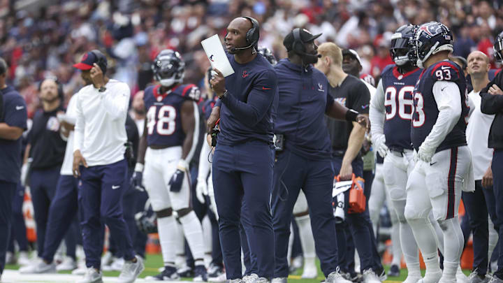 Oct 15, 2023; Houston, Texas, USA; Houston Texans head coach DeMeco Ryans on the sideline during the third quarter against the New Orleans Saints at NRG Stadium. Mandatory Credit: Troy Taormina-Imagn Images