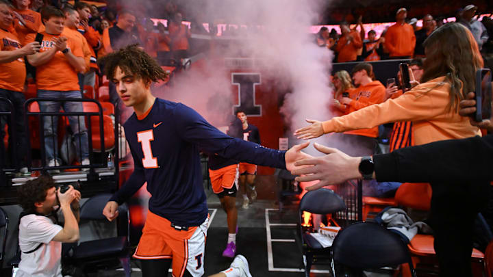 Feb 4, 2026; Champaign, Illinois, USA;  Illinois Fighting Illini guard Keaton Wagler (23) takes the court before tip-off against the Northwestern Wildcats at State Farm Center. Mandatory Credit: Ron Johnson-Imagn Images