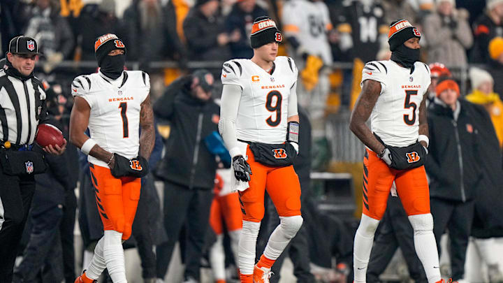 Cincinnati Bengals wide receiver Ja'Marr Chase, quarterback Joe Burrow and wide receiver Tee Higgins take the field as captains.