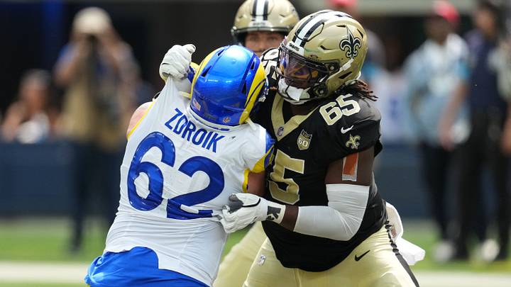 Aug 22, 2026; Inglewood, California, USA; New Orleans Saints guard Jeremiah Wright (65) defends against Los Angeles Rams defensive tackle Payton Zdroik (62) in the first half at SoFi Stadium. Mandatory Credit: Kirby Lee-Imagn Images Aug 22, 2026; Inglewood, California, USA; New Orleans Saints guard Jeremiah Wright (65) defends against Los Angeles Rams defensive tackle Payton Zdroik (62) in the first half at SoFi Stadium. Mandatory Credit: Kirby Lee-Imagn Images