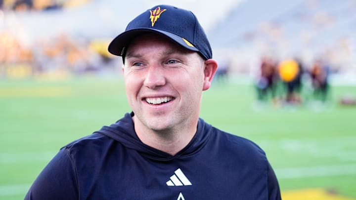 Aug 30, 2025; Tempe, Arizona, USA; Arizona State Sun Devils head coach Kenny Dillingham speaks prior to a game against Northern Arizona University at Mountain America Stadium. Mandatory Credit: Arianna Grainey-Imagn Images Aug 30, 2025; Tempe, Arizona, USA; Arizona State Sun Devils head coach Kenny Dillingham speaks prior to a game against Northern Arizona University at Mountain America Stadium. Mandatory Credit: Arianna Grainey-Imagn Images