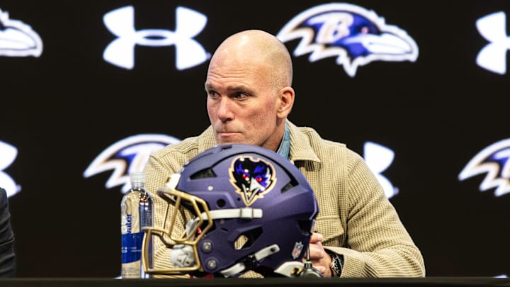 Jan 29, 2026; Owings Mills, MD, USA; Eric DeCosta at Jesse Minter’s press conference at Under Armour Performance Center. Mandatory Credit: Lexi Thompson-Imagn Images