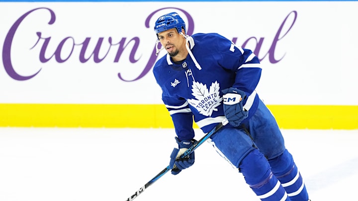 Oct 19, 2024; Toronto, Ontario, CAN; Toronto Maple Leafs right wing Ryan Reaves (75) skates during the warmup before a game against the New York Rangers at Scotiabank Arena. Mandatory Credit: Nick Turchiaro-Imagn Images