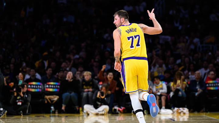 Oct 17, 2025; Los Angeles, California, USA; Los Angeles Lakers guard Luka Doncic (77) gestures after scoring during the second half against the Sacramento Kings at Crypto.com Arena. Mandatory Credit: William Liang-Imagn Images Oct 17, 2025; Los Angeles, California, USA; Los Angeles Lakers guard Luka Doncic (77) gestures after scoring during the second half against the Sacramento Kings at Crypto.com Arena. Mandatory Credit: William Liang-Imagn Images