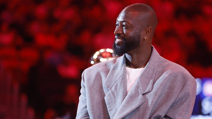 Oct 28, 2024; Miami, Florida, USA; Former Miami Heat guard Dwyane Wade is honored at halftime during the game against the Detroit Pistons at Kaseya Center. Mandatory Credit: Rhona Wise-Imagn Images Oct 28, 2024; Miami, Florida, USA; Former Miami Heat guard Dwyane Wade is honored at halftime during the game against the Detroit Pistons at Kaseya Center. Mandatory Credit: Rhona Wise-Imagn Images