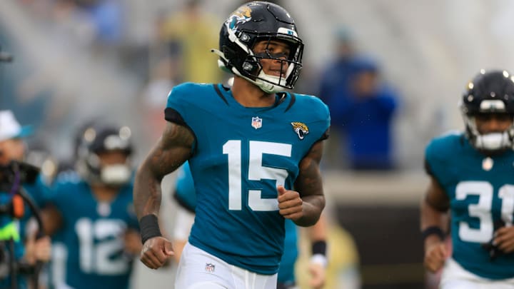 Jacksonville Jaguars wide receiver Tim Jones (15) runs on the field before an NFL football matchup Sunday, Dec. 29, 2024 at EverBank Stadium in Jacksonville, Fla. The Jaguars held off the Titans 20-13.