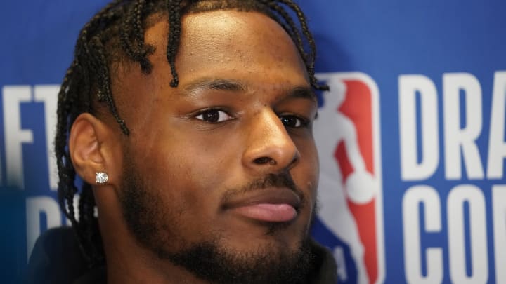 May 14, 2024; Chicago, IL, USA; Bronny James talks to the media during the 2024 NBA Draft Combine at Wintrust Arena. Mandatory Credit: David Banks-USA TODAY Sports May 14, 2024; Chicago, IL, USA; Bronny James talks to the media during the 2024 NBA Draft Combine at Wintrust Arena. Mandatory Credit: David Banks-USA TODAY Sports