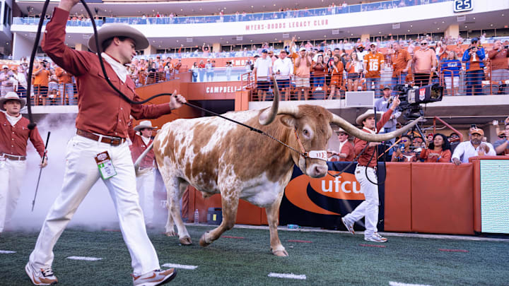 Texas mascot Bevo walks out before a game.