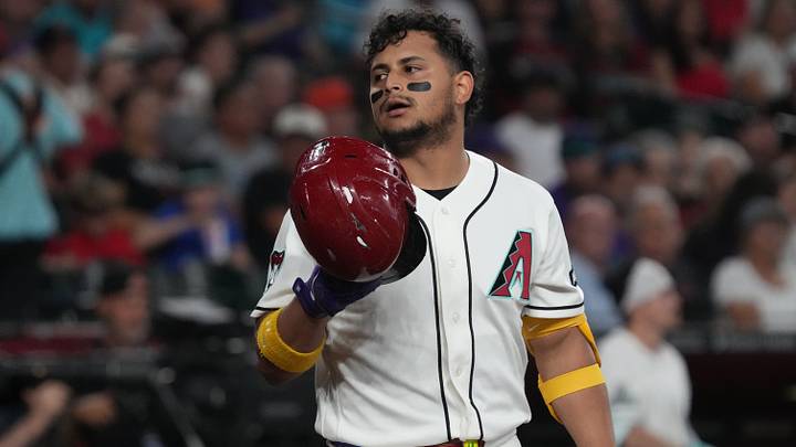Sep 13, 2026; Phoenix, Arizona, USA;  Arizona Diamondbacks catcher Gabriel Moreno (14) reacts after missing a pitch against the Texas Rangers in the first inning at Chase Field.  Mandatory Credit: Rick Scuteri-Imagn Images