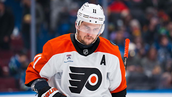 Dec 30, 2025; Vancouver, British Columbia, CAN; Philadelphia Flyers forward Travis Konecny (11) during a stop in play against the Vancouver Canucks in the second period at Rogers Arena. Mandatory Credit: Bob Frid-Imagn Images