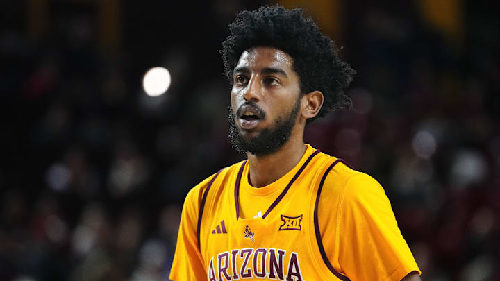 Arizona State guard Moe Odum (5) looks over at the officials during a game against Cincinnati at Desert Financial Arena in Tempe, Ariz., on Jan. 24, 2026.