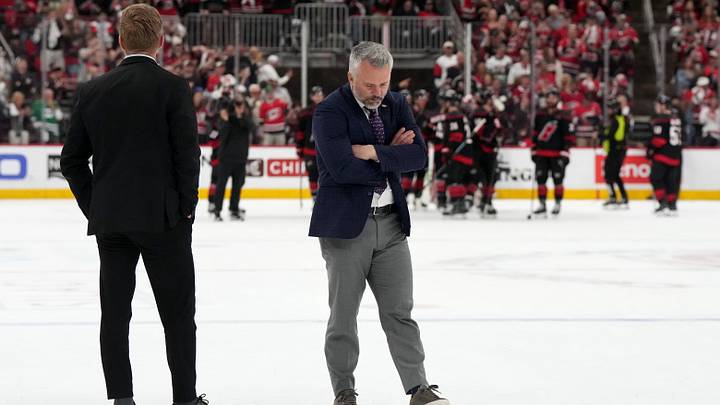 May 29, 2026; Raleigh, North Carolina, USA; Montreal Canadiens head coach Martin St. Louis reacts while walking on the ice after game five of the Eastern Conference Final of the 2026 Stanley Cup Playoffs against the Carolina Hurricanes at Lenovo Center. Mandatory Credit: James Guillory-Imagn Images