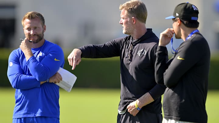 Jul 29, 2024; Los Angeles, CA, USA; Los Angeles Rams head coach Sean McVay, general manager Les Snead and chief of staff Carter Crutchfield. Mandatory Credit: Jayne Kamin-Oncea-Imagn Images