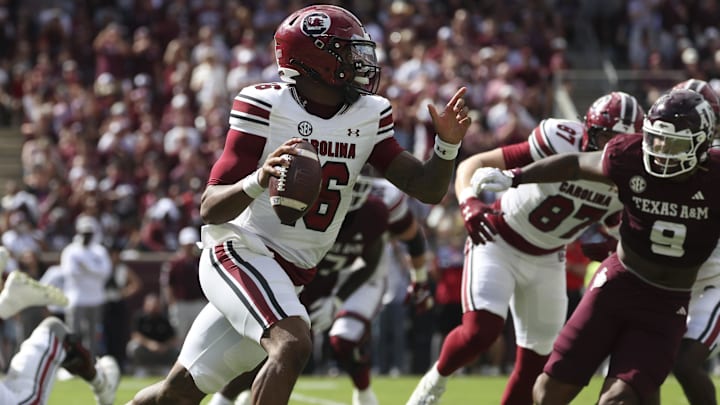 Nov 15, 2025; College Station, Texas, USA; South Carolina Gamecocks quarterback Lanorris Sellers (16) scrambles with the ball during the second quarter against the Texas A&M Aggies at Kyle Field. Mandatory Credit: Troy Taormina-Imagn Images