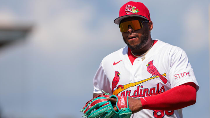 Feb 27, 2026; Jupiter, Florida, USA; St. Louis Cardinals left fielder Nelson Velazquez (88) returns to the dugout against the New York Mets during the first inning at Roger Dean Chevrolet Stadium. Mandatory Credit: Sam Navarro-Imagn Images