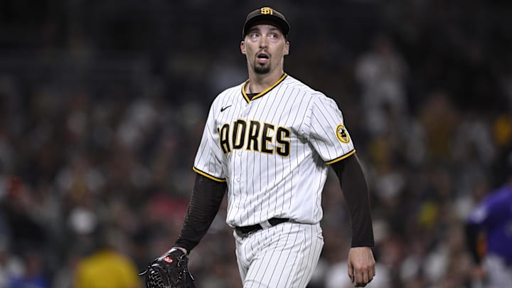 Sep 19, 2023; San Diego, California, USA; San Diego Padres starting pitcher Blake Snell (4) reacts