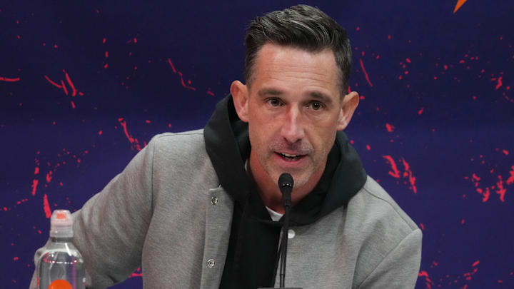 Feb 5, 2024; Las Vegas, NV, USA; San Francisco 49ers head coach Kyle Shanahan speaks during Super Bowl LVIII Opening Night at Allegiant Stadium. Mandatory Credit: Kirby Lee-USA TODAY Sports