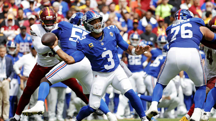 Sep 7, 2025; Landover, Maryland, USA; New York Giants quarterback Russell Wilson (3) makes a pass during the second quarter against the Washington Commanders at Northwest Stadium.  