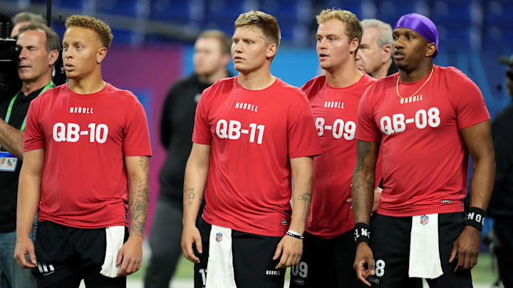 Mar 2, 2024; Indianapolis, IN, USA; South Carolina quarterback Spencer Rattler (QB10), Western Mar 2, 2024; Indianapolis, IN, USA; South Carolina quarterback Spencer Rattler (QB10), Western