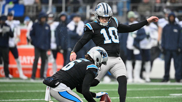 Carolina Panthers placekicker Ryan Fitzgerald (10) kicks a thirty-five yard field goal
