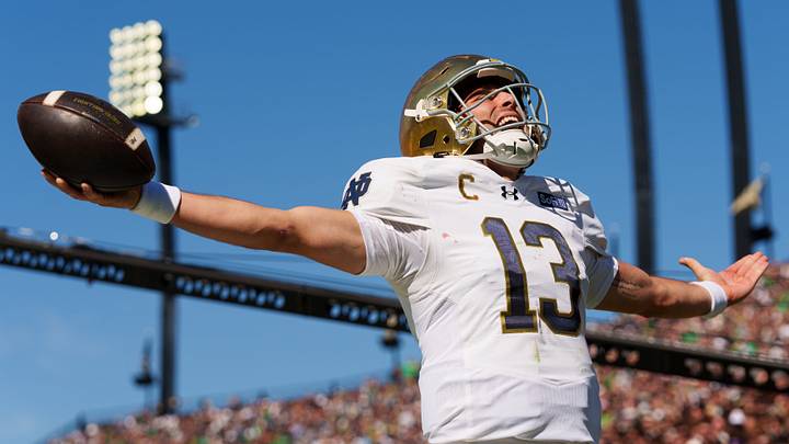 Notre Dame quarterback CJ Carr celebrates after scoring a touchdown during a NCAA football game against Purdue at Ross-Ade Stadium on Saturday, Sept. 26, 2026, in West Lafayette. Notre Dame quarterback CJ Carr celebrates after scoring a touchdown during a NCAA football game against Purdue at Ross-Ade Stadium on Saturday, Sept. 26, 2026, in West Lafayette.