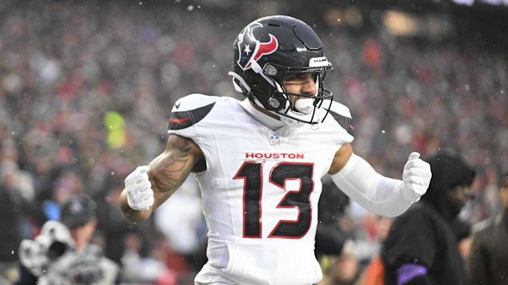 Jan 18, 2026; Foxborough, MA, USA; Houston Texans wide receiver Christian Kirk (13) celebrates a touchdown in the second quarter against the New England Patriots in an AFC Divisional Round game at Gillette Stadium. Mandatory Credit: Brian Fluharty-Imagn Images Jan 18, 2026; Foxborough, MA, USA; Houston Texans wide receiver Christian Kirk (13) celebrates a touchdown in the second quarter against the New England Patriots in an AFC Divisional Round game at Gillette Stadium. Mandatory Credit: Brian Fluharty-Imagn Images