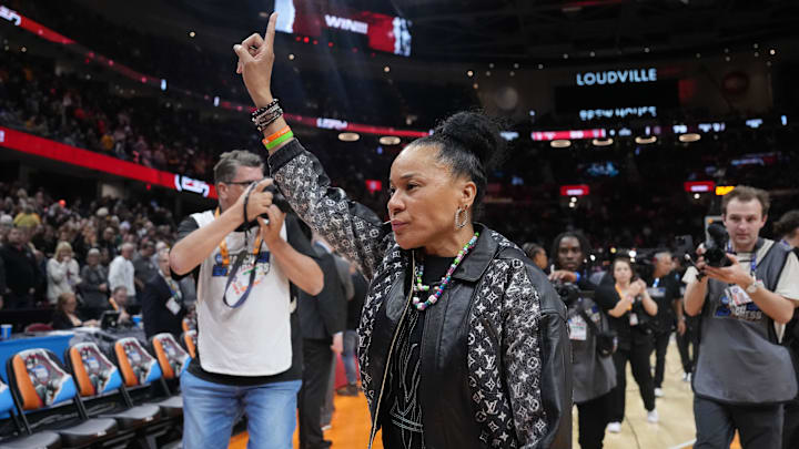 Apr 5, 2024; Cleveland, OH, USA; South Carolina Gamecocks head coach Dawn Staley celebrates after Final Four win over NC State
