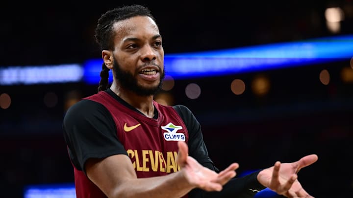 Jan 12, 2026; Cleveland, Ohio, USA; Cleveland Cavaliers guard Darius Garland (10) argues a call with referee Brent Barnaky (not pictured) during the second half against the Utah Jazz at Rocket Arena. Mandatory Credit: Ken Blaze-Imagn Images