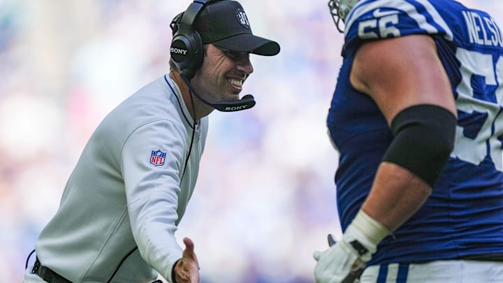 Sep 7, 2025; Indianapolis, Indiana, USA: Indianapolis Colts head coach Shane Steichen high-fives Indianapolis Colts guard Quenton Nelson (56) in the game against the Miami Dolphins at Lucas Oil Stadium. Mandatory Credit: Grace Hollars-USA TODAY Network via Imagn Images Sep 7, 2025; Indianapolis, Indiana, USA: Indianapolis Colts head coach Shane Steichen high-fives Indianapolis Colts guard Quenton Nelson (56) in the game against the Miami Dolphins at Lucas Oil Stadium. Mandatory Credit: Grace Hollars-USA TODAY Network via Imagn Images