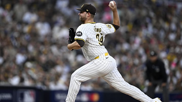 Oct 8, 2024; San Diego, California, USA; San Diego Padres pitcher Michael King (34) throws in the second inning against the Los Angeles Dodgers during game three of the NLDS for the 2024 MLB Playoffs at Petco Park.  Mandatory Credit: Denis Poroy-Imagn Images