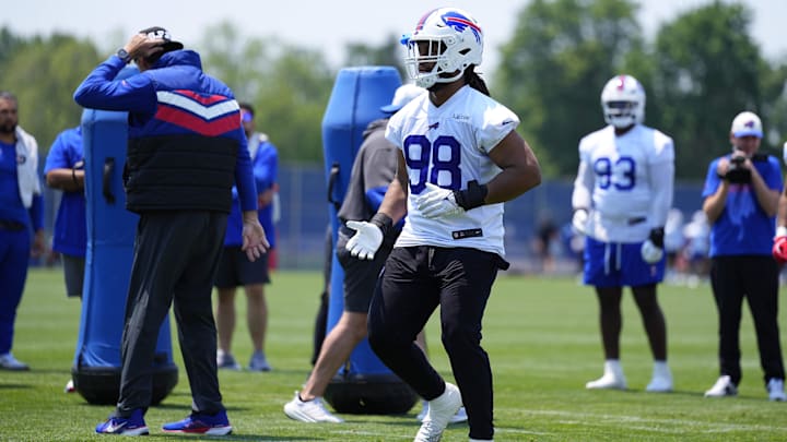 Jun 11, 2025; Orchard Park, NY, USA; Buffalo Bills defensive tackle T.J. Sanders (98) works out during Minicamp at Highmark Stadium. Mandatory Credit: Gregory Fisher-Imagn Images