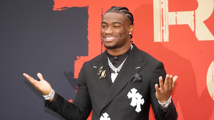 Alabama Crimson Tide quarterback Jalen Milroe on the red carpet before the 2025 NFL Draft.