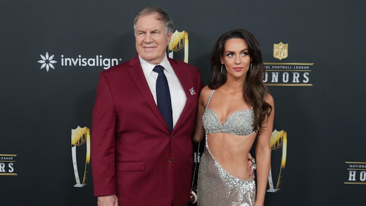 Feb 6, 2025; New Orleans, LA, USA;  Bill Belichick and Jordon Hudson on the red carpet before Super Bowl LIX NFL Honors at Saenger Theatre. 