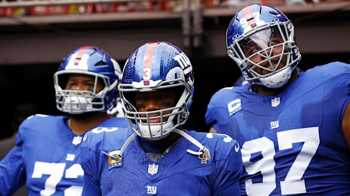 Sep 7, 2025; Landover, Maryland, USA; New York Giants quarterback Russell Wilson (3) leads his team out of the tunnel before the game against the Washington Commanders at Northwest Stadium.  