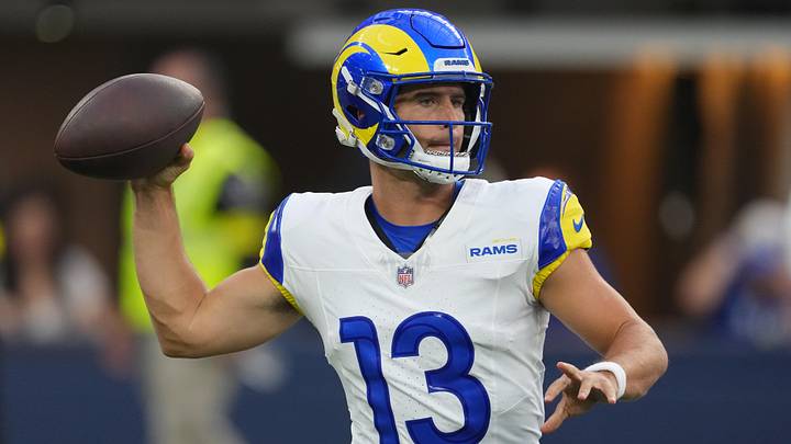 Aug 16, 2025; Inglewood, California, USA; Los Angeles Rams quarterback Stetson Bennett IV (13) throws in the second half against the Los Angeles Chargers at SoFi Stadium. Mandatory Credit: Kirby Lee-Imagn Images