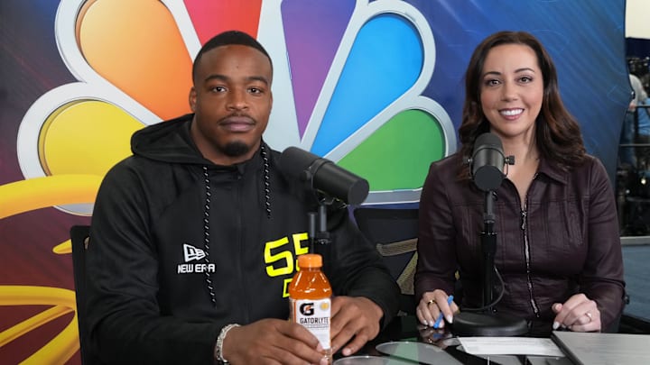 On the day Derrick Harmon became a No. 1 draft pick, his mother passed away. Here he is being interviewed by NBC reporter Nicole Auerbach at the Senior Bowl in January.