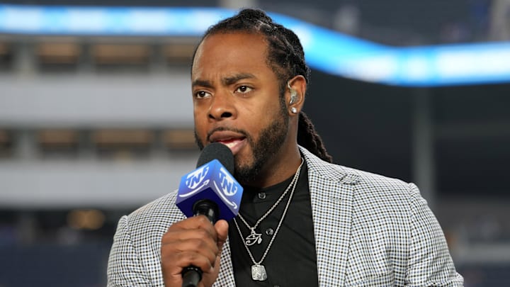 Oct 24, 2024; Inglewood, California, USA; Richard Sherman on the Thursday Night Football Tonight set at SoFi Stadium. Mandatory Credit: Kirby Lee-Imagn Images Oct 24, 2024; Inglewood, California, USA; Richard Sherman on the Thursday Night Football Tonight set at SoFi Stadium. Mandatory Credit: Kirby Lee-Imagn Images
