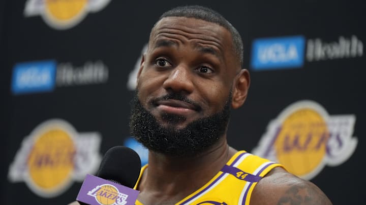 Sep 30, 2024; El Segundo, CA, USA; Los Angeles Lakers forward LeBron James (6) during media day at the UCLA Health Training Center. Mandatory Credit: Kirby Lee-Imagn Images Sep 30, 2024; El Segundo, CA, USA; Los Angeles Lakers forward LeBron James (6) during media day at the UCLA Health Training Center. Mandatory Credit: Kirby Lee-Imagn Images