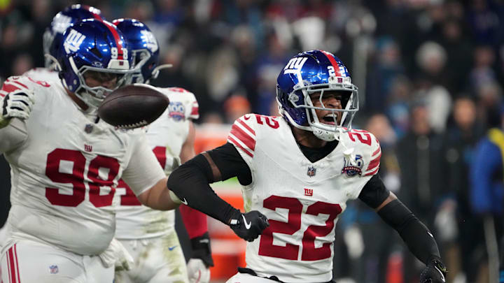 Nov 10, 2024; Munich, Germany; New York Giants cornerback Dru Phillips (22) reacts against the Carolina Panthers in the second half during the 2024 NFL Munich Game at Allianz Arena.  