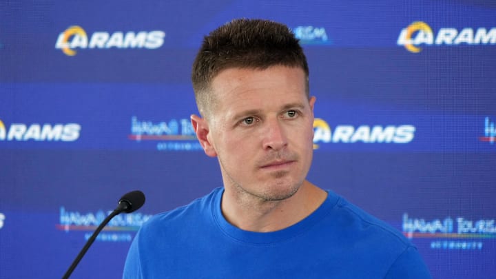 Jun 3, 2025; Woodland Hills, CA, USA; Los Angeles Rams offensive coordinator Mike LaFleur at press conference during organized team activities at Rams Practice Facility. Mandatory Credit: Kirby Lee-Imagn Images