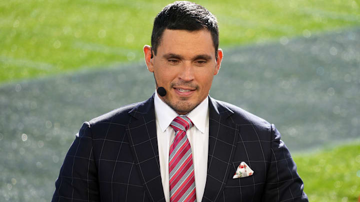 Jan 1, 2022; Pasadena, California, USA; ESPN broadcaster David Pollack during the 2022 Rose Bowl at Rose Bowl. Mandatory Credit: Kirby Lee-Imagn Images